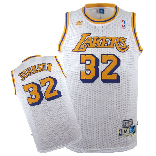 Men's Mitchell and Ness Los Angeles Lakers #32 Magic Johnson Authentic White Throwback NBA Jersey
