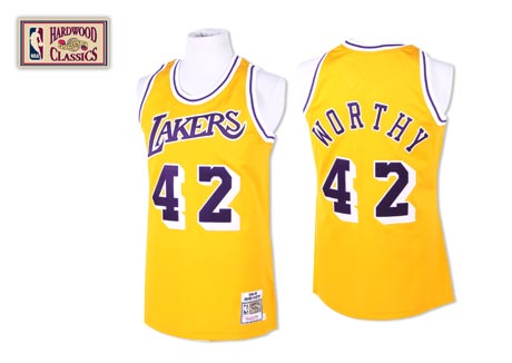 Men's Mitchell and Ness Los Angeles Lakers #42 James Worthy Authentic Gold Throwback NBA Jersey