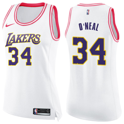 Women's Nike Los Angeles Lakers #34 Shaquille O'Neal Swingman White/Pink Fashion NBA Jersey