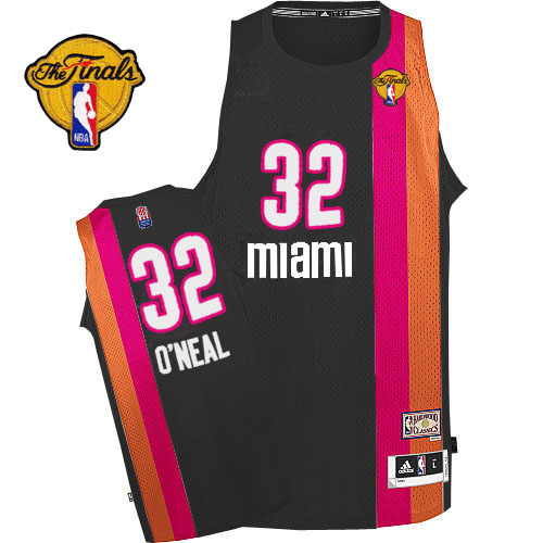 Men's Adidas Miami Heat #32 Shaquille O'Neal Authentic Black ABA Hardwood Classic Finals Patch NBA Jersey