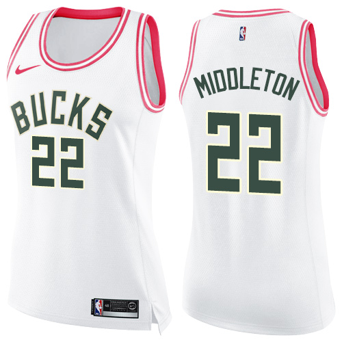 Women's Nike Milwaukee Bucks #22 Khris Middleton Swingman White/Pink Fashion NBA Jersey