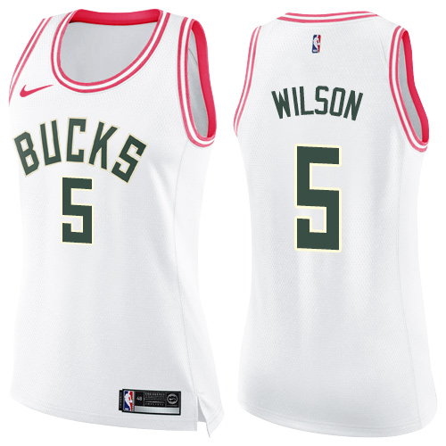 Women's Nike Milwaukee Bucks #5 D. J. Wilson Swingman White/Pink Fashion NBA Jersey