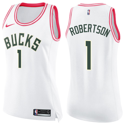 Women's Nike Milwaukee Bucks #1 Oscar Robertson Swingman White/Pink Fashion NBA Jersey
