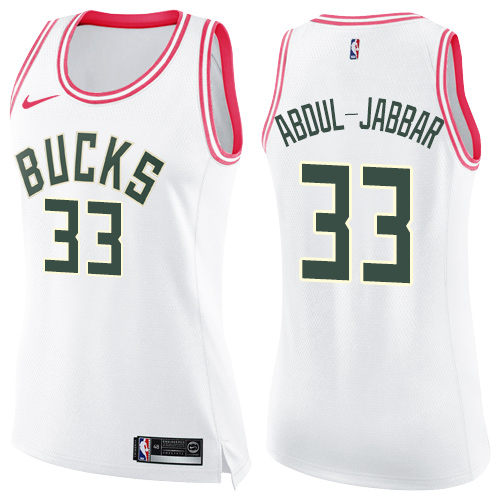 Women's Nike Milwaukee Bucks #33 Kareem Abdul-Jabbar Swingman White/Pink Fashion NBA Jersey