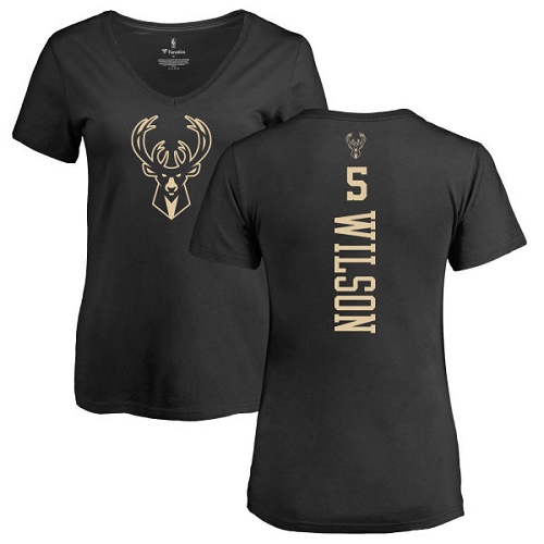 NBA Women's Nike Milwaukee Bucks #5 D. J. Wilson Black One Color Backer Slim-Fit V-Neck T-Shirt