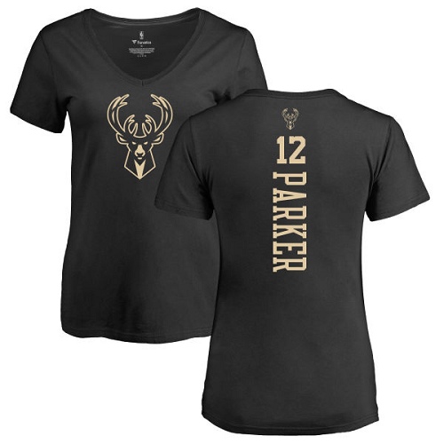 NBA Women's Nike Milwaukee Bucks #12 Jabari Parker Black One Color Backer Slim-Fit V-Neck T-Shirt