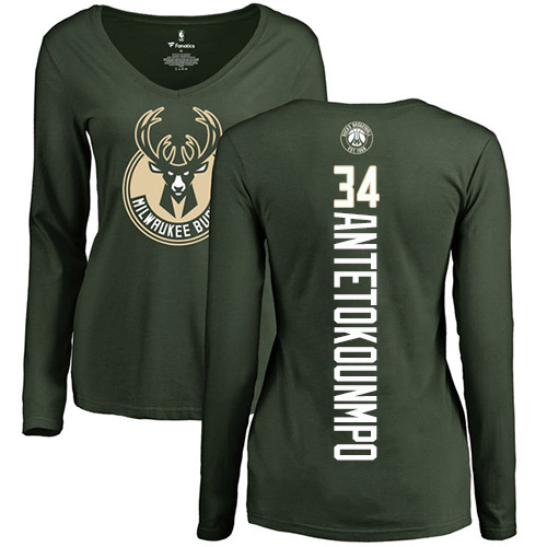 NBA Women's Nike Milwaukee Bucks #34 Giannis Antetokounmpo Green Backer Long Sleeve T-Shirt