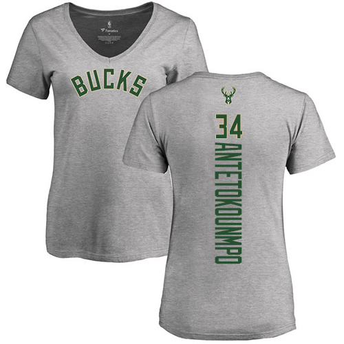 NBA Women's Nike Milwaukee Bucks #34 Giannis Antetokounmpo Ash Backer T-Shirt