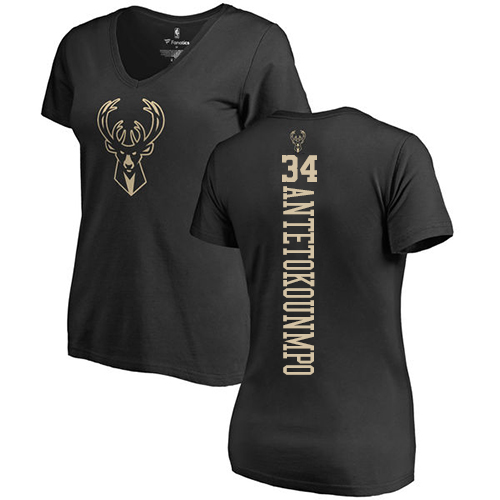 NBA Women's Nike Milwaukee Bucks #34 Giannis Antetokounmpo Black One Color Backer Slim-Fit V-Neck T-Shirt