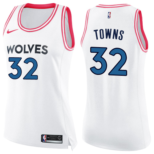 Women's Nike Minnesota Timberwolves #32 Karl-Anthony Towns Swingman White/Pink Fashion NBA Jersey
