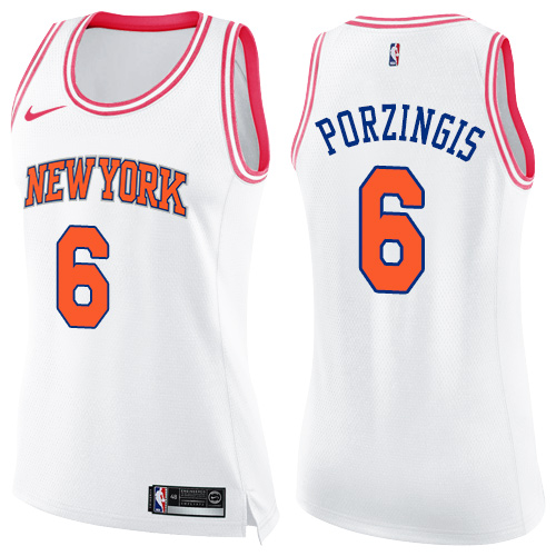 Women's Nike New York Knicks #6 Kristaps Porzingis Swingman White/Pink Fashion NBA Jersey