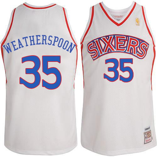 Men's Mitchell and Ness Philadelphia 76ers #35 Clarence Weatherspoon Authentic White Throwack NBA Jersey