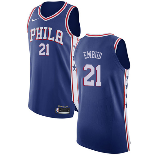 Women's Nike Philadelphia 76ers #21 Joel Embiid Authentic Blue Road NBA Jersey - Icon Edition