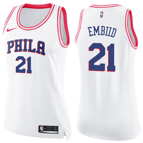 Women's Nike Philadelphia 76ers #21 Joel Embiid Swingman White/Pink Fashion NBA Jersey