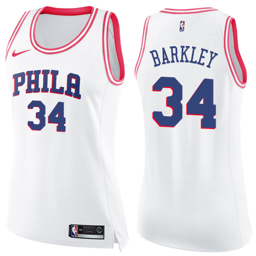 Women's Nike Philadelphia 76ers #34 Charles Barkley Swingman White/Pink Fashion NBA Jersey