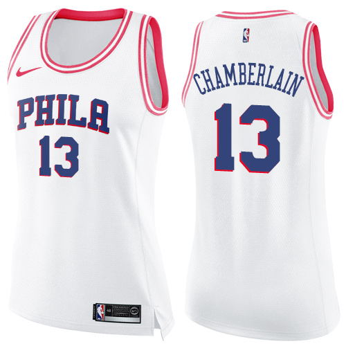 Women's Nike Philadelphia 76ers #13 Wilt Chamberlain Swingman White/Pink Fashion NBA Jersey