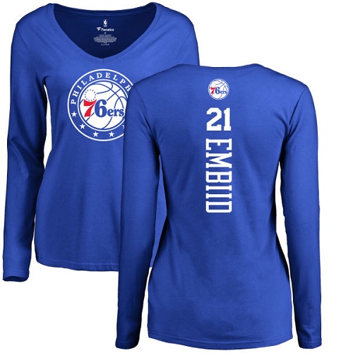 NBA Women's Nike Philadelphia 76ers #21 Joel Embiid Royal Blue Backer Long Sleeve T-Shirt