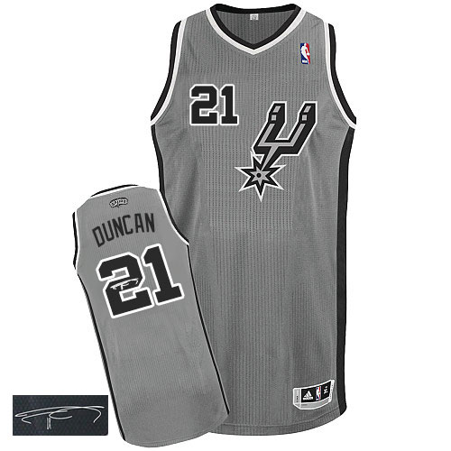 Men's Adidas San Antonio Spurs #21 Tim Duncan Authentic Silver Grey Alternate Autographed NBA Jersey
