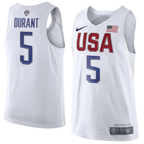 Men's Nike Team USA #5 Kevin Durant Authentic White 2016 Olympics Basketball Jersey