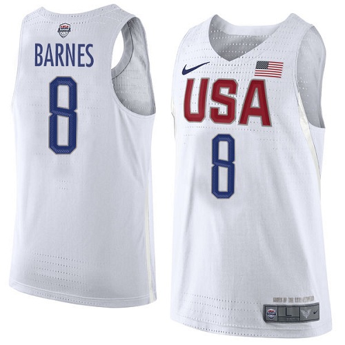 Men's Nike Team USA #8 Harrison Barnes Authentic White 2016 Olympics Basketball Jersey