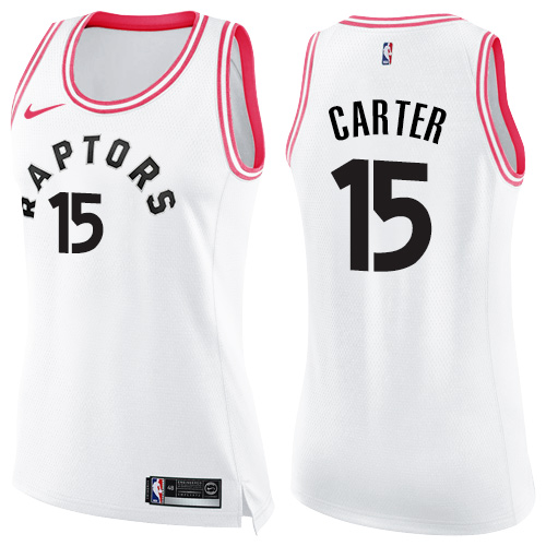 Women's Nike Toronto Raptors #15 Vince Carter Swingman White/Pink Fashion NBA Jersey