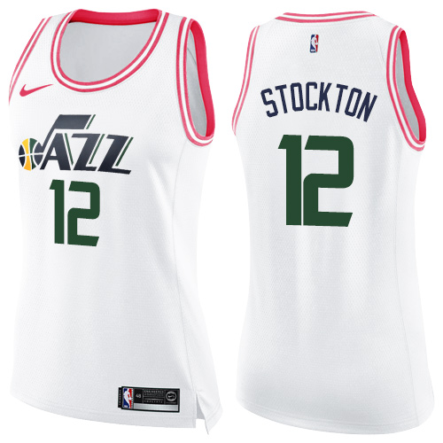 Women's Nike Utah Jazz #12 John Stockton Swingman White/Pink Fashion NBA Jersey