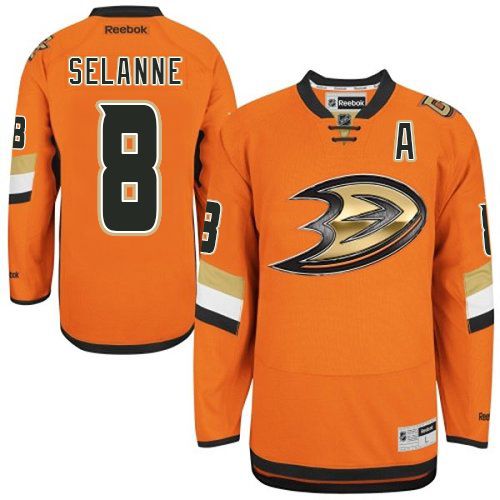 Men's Reebok Anaheim Ducks #8 Teemu Selanne Premier Orange NHL Jersey