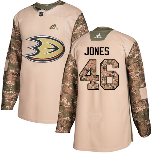 Men's Adidas Anaheim Ducks #46 Max Jones Authentic Camo Veterans Day Practice NHL Jersey