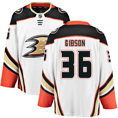 Men's Anaheim Ducks #36 John Gibson Authentic White Away Fanatics Branded Breakaway NHL Jersey