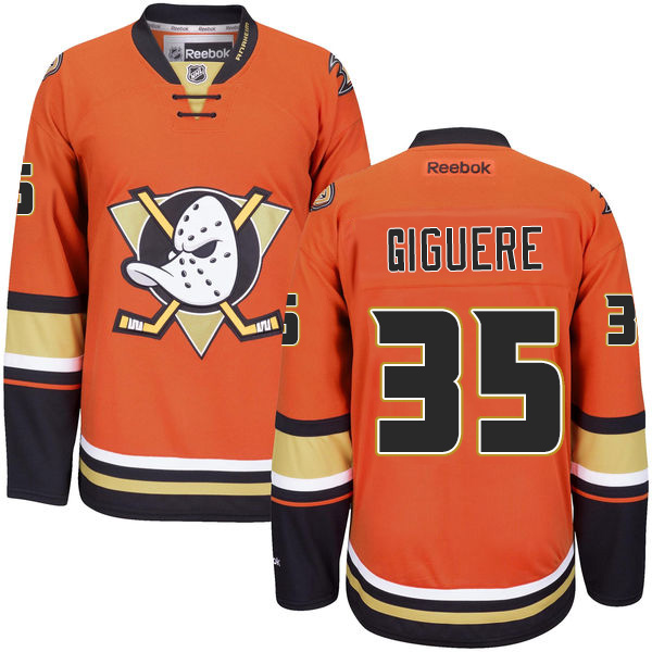 Men's Reebok Anaheim Ducks #35 Jean-Sebastien Giguere Premier Orange Third NHL Jersey