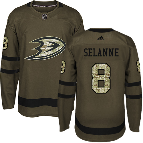 Men's Adidas Anaheim Ducks #8 Teemu Selanne Premier Green Salute to Service NHL Jersey