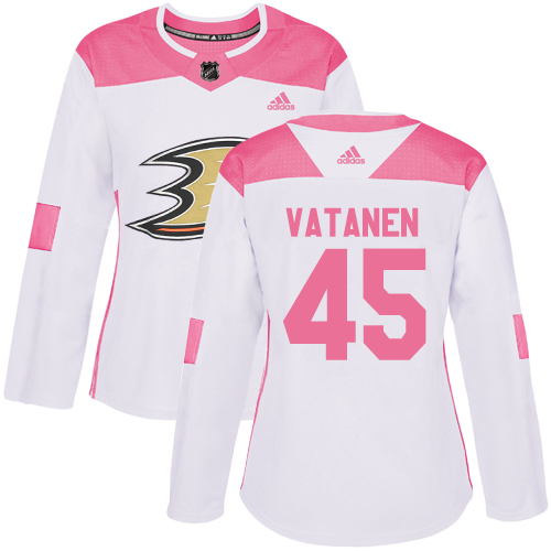 Women's Adidas Anaheim Ducks #45 Sami Vatanen Authentic White/Pink Fashion NHL Jersey