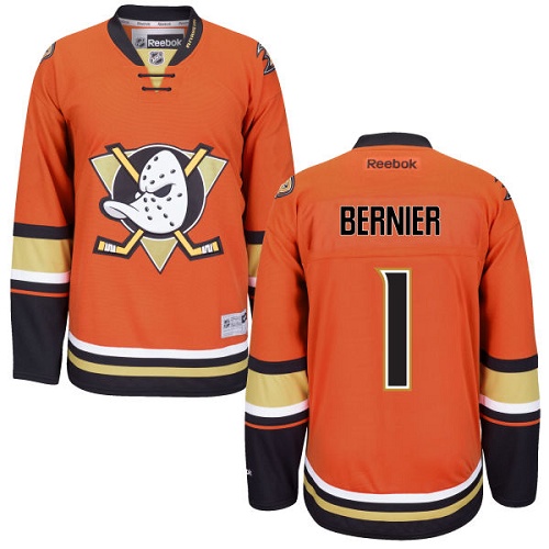 Men's Reebok Anaheim Ducks #1 Reto Berra Premier Orange Third NHL Jersey