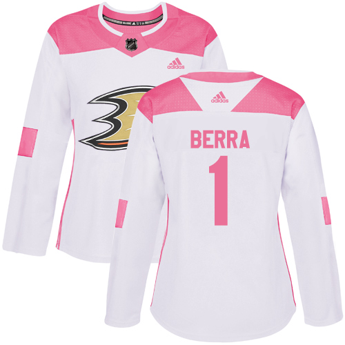 Women's Adidas Anaheim Ducks #1 Reto Berra Authentic White/Pink Fashion NHL Jersey