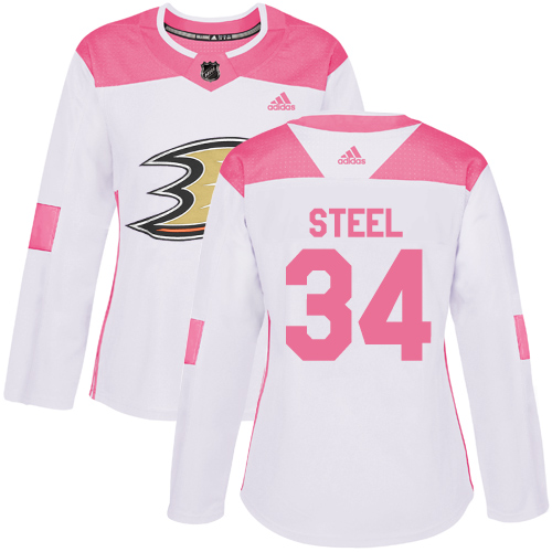 Women's Adidas Anaheim Ducks #34 Sam Steel Authentic White/Pink Fashion NHL Jersey