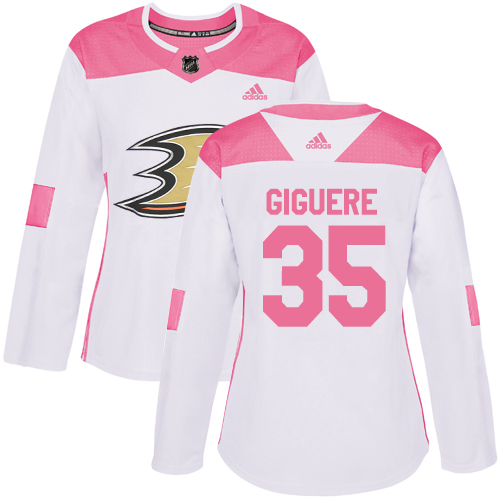 Women's Adidas Anaheim Ducks #35 Jean-Sebastien Giguere Authentic White/Pink Fashion NHL Jersey