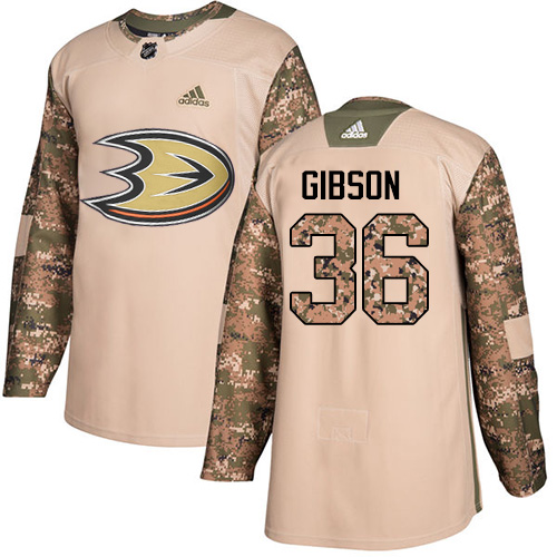 Youth Adidas Anaheim Ducks #36 John Gibson Authentic Camo Veterans Day Practice NHL Jersey