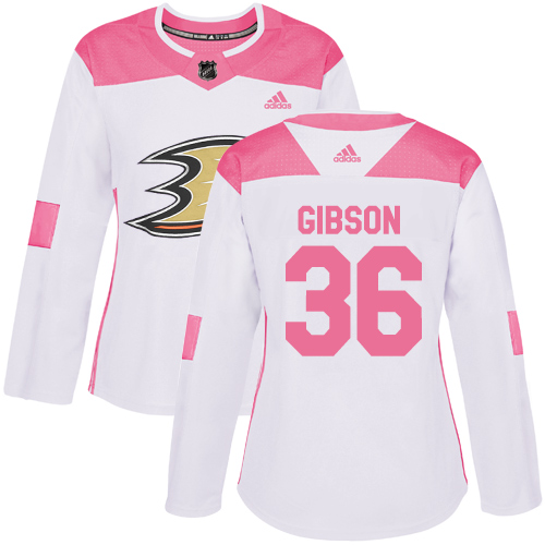 Women's Adidas Anaheim Ducks #36 John Gibson Authentic White/Pink Fashion NHL Jersey
