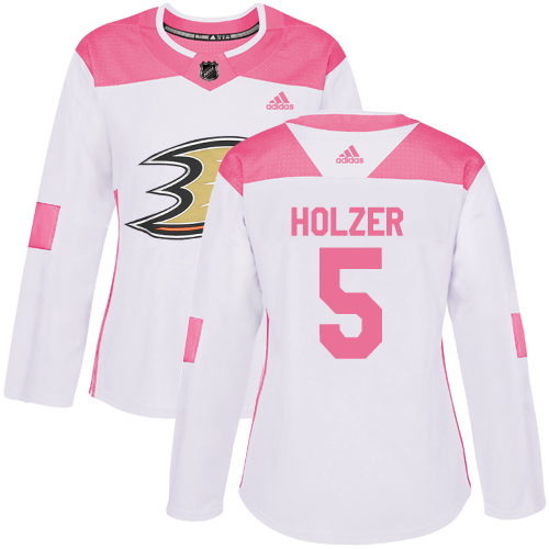 Women's Adidas Anaheim Ducks #5 Korbinian Holzer Authentic White/Pink Fashion NHL Jersey