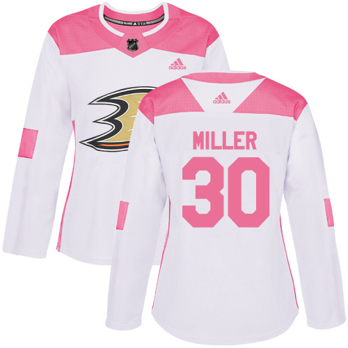 Women's Adidas Anaheim Ducks #30 Ryan Miller Authentic White/Pink Fashion NHL Jersey