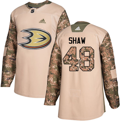 Men's Adidas Anaheim Ducks #48 Logan Shaw Authentic Camo Veterans Day Practice NHL Jersey