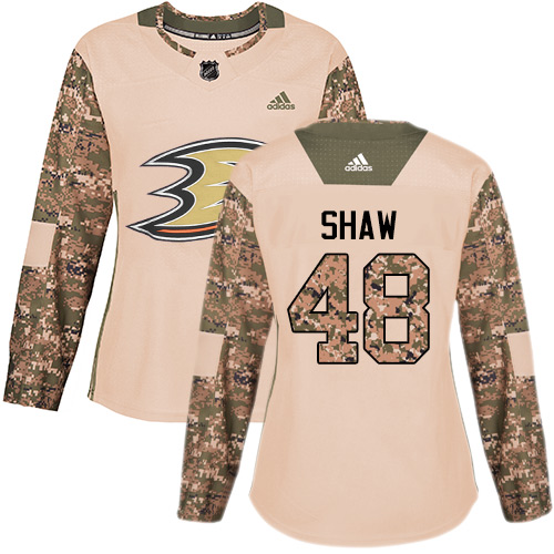 Women's Adidas Anaheim Ducks #48 Logan Shaw Authentic Camo Veterans Day Practice NHL Jersey