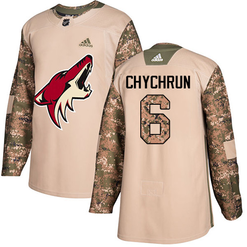 Men's Adidas Arizona Coyotes #6 Jakob Chychrun Authentic Camo Veterans Day Practice NHL Jersey