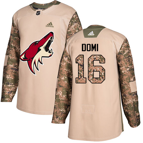 Youth Adidas Arizona Coyotes #16 Max Domi Authentic Camo Veterans Day Practice NHL Jersey