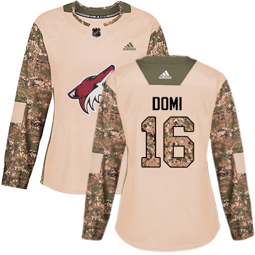 Women's Adidas Arizona Coyotes #16 Max Domi Authentic Camo Veterans Day Practice NHL Jersey