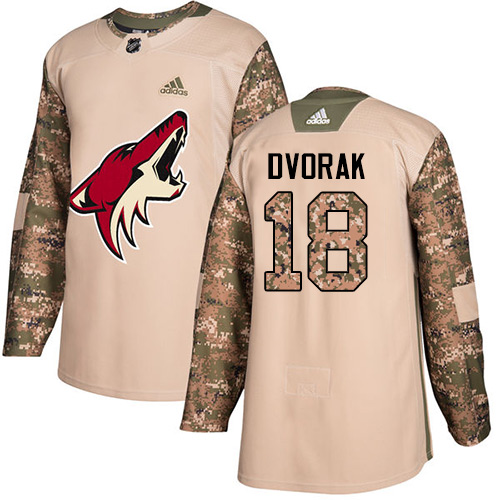Men's Adidas Arizona Coyotes #18 Christian Dvorak Authentic Camo Veterans Day Practice NHL Jersey