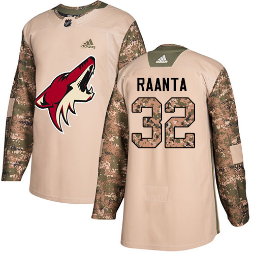 Men's Adidas Arizona Coyotes #32 Antti Raanta Authentic Camo Veterans Day Practice NHL Jersey