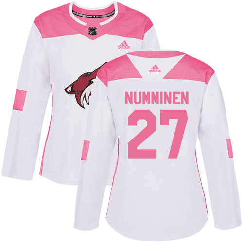 Women's Adidas Arizona Coyotes #27 Teppo Numminen Authentic White/Pink Fashion NHL Jersey