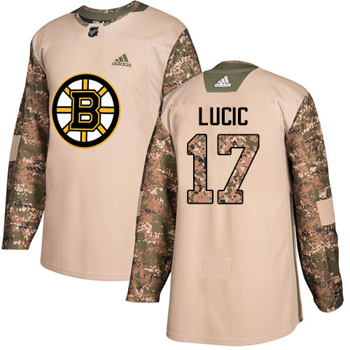 Youth Adidas Boston Bruins #17 Milan Lucic Authentic Camo Veterans Day Practice NHL Jersey