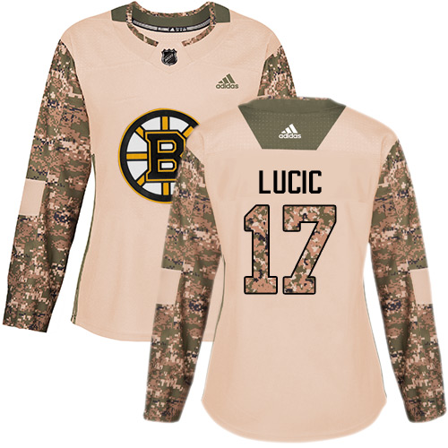 Women's Adidas Boston Bruins #17 Milan Lucic Authentic Camo Veterans Day Practice NHL Jersey